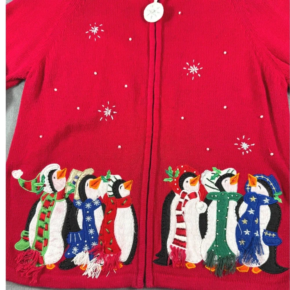 White Stag Red Penguin Ugly Christmas Cardigan Sweater Holiday‎ Festive Large